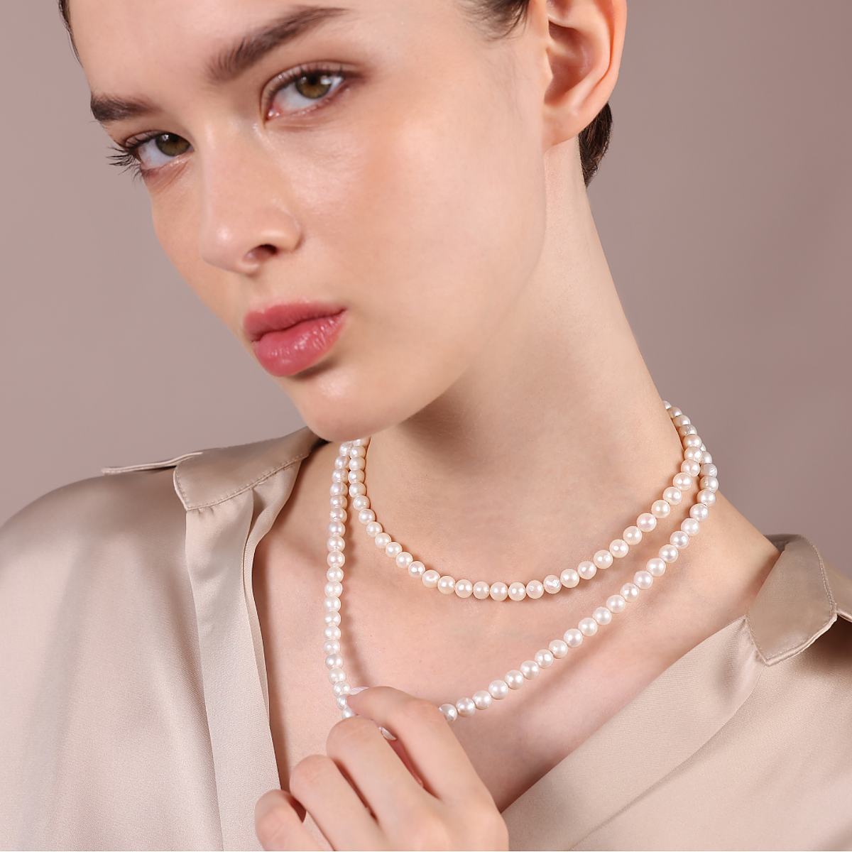 Collana Lunga in Argento 925 placcato Oro Giallo 18Kt con Perle Mini Ming Barocche Bianche d'Acqua Dolce Ø 6/6.5 mm