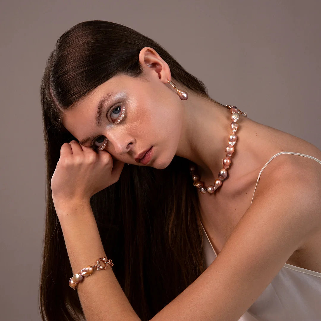 925 Sterling Silver 18Kt Rose Gold Plated Earrings with Multicolor Freshwater Scaramazze Pearls Ø 18 mm