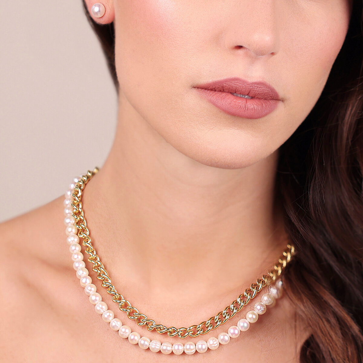 Multistrand Choker Necklace in 18Kt Yellow Gold Plated 925 Silver with Circled White Freshwater Pearls Ø 7/8 mm