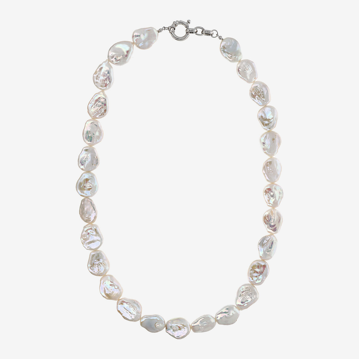18K White Gold Plated 925 Silver Choker Necklace with White Baroque Freshwater Coin Pearls Ø 17 mm