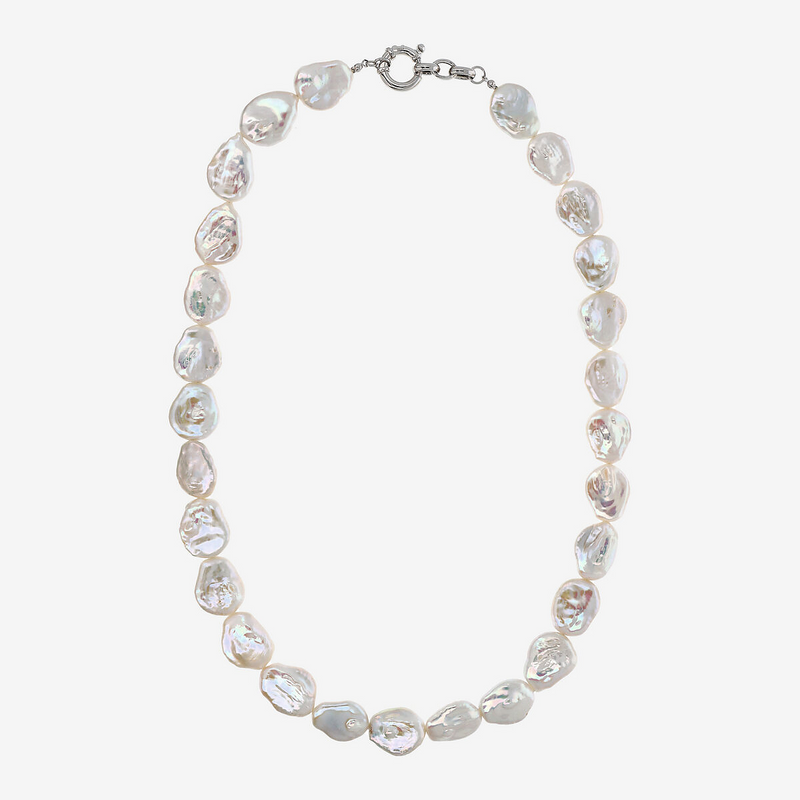 Collana Girocollo in Argento 925 placcato Oro Bianco 18Kt con Perle Coin Barocche Bianche d'Acqua Dolce Ø 17 mm