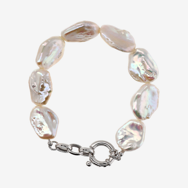 18K White Gold Plated 925 Silver Bracelet with White Baroque Freshwater Coin Pearls Ø 17 mm