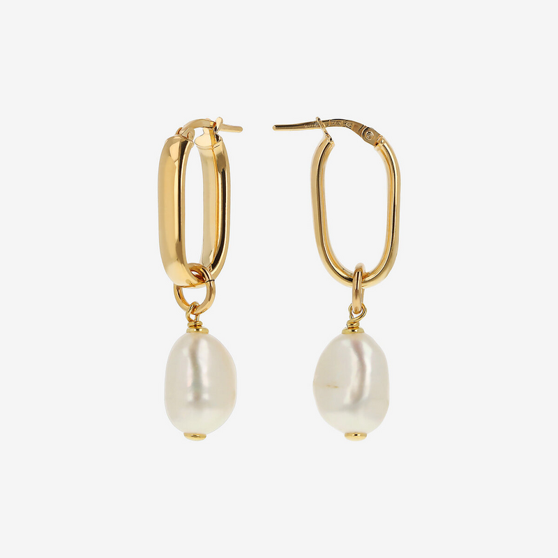 Orecchini Ovali Allungati in Argento 925 placcato Oro Giallo 18Kt con Perle Barocche Bianche d'Acqua Dolce Ø 10/11 mm