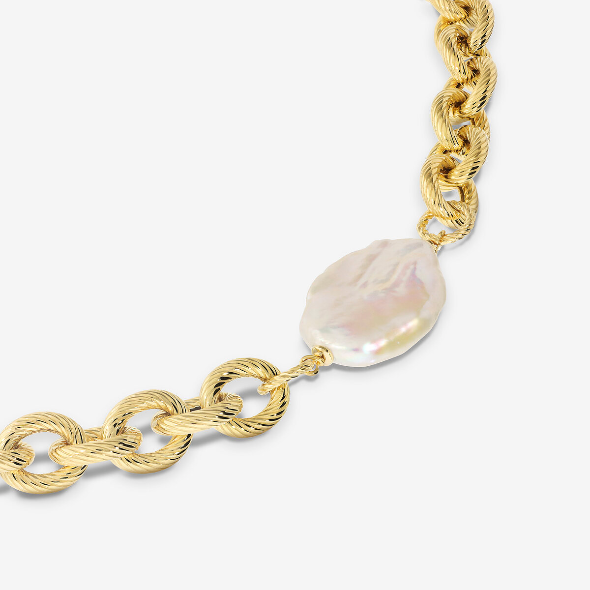 Collier ras du cou en argent 925 plaqué or jaune 18 carats avec perle Keshi d'eau douce blanche 17x20 mm