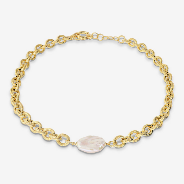 18Kt Yellow Gold Plated 925 Silver Choker Necklace with White Freshwater Keshi Pearl 17x20 mm