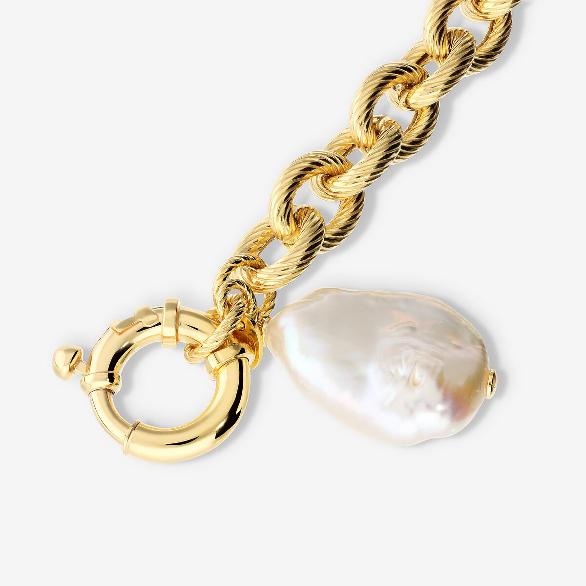 Bracelet en Argent 925 Plaqué Or Jaune 18 Carats avec Perle Keshi d'eau Douce Blanche 17x20 mm