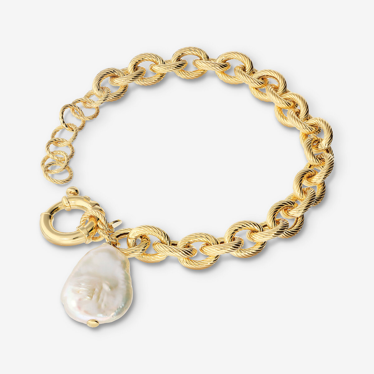 Bracelet en Argent 925 Plaqué Or Jaune 18 Carats avec Perle Keshi d'eau Douce Blanche 17x20 mm