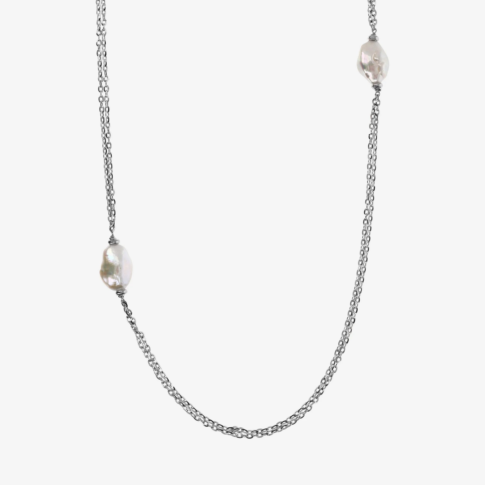 Sautoir en argent 925 plaqué or 18Kt avec perles Keshi d'eau douce blanches 15x20