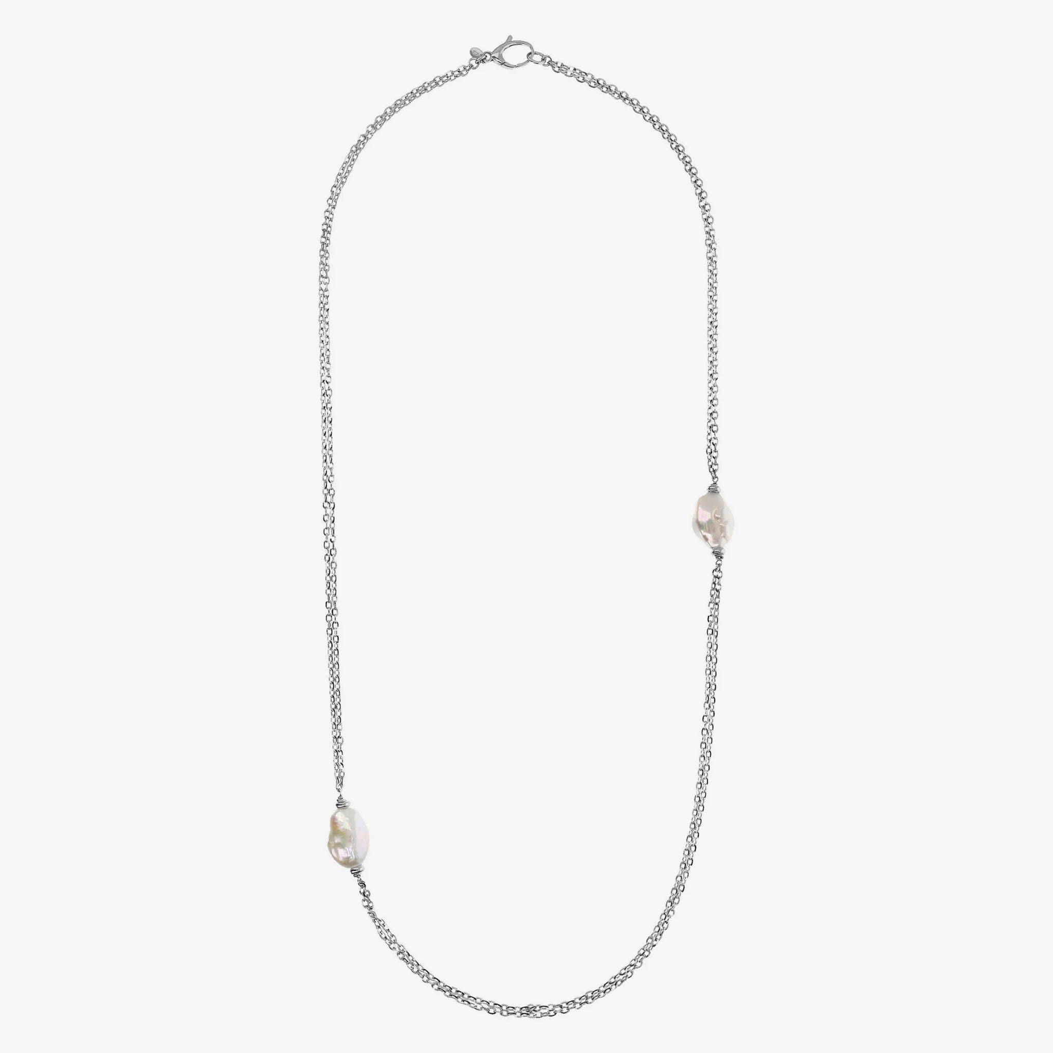 Sautoir en argent 925 plaqué or 18Kt avec perles Keshi d'eau douce blanches 15x20