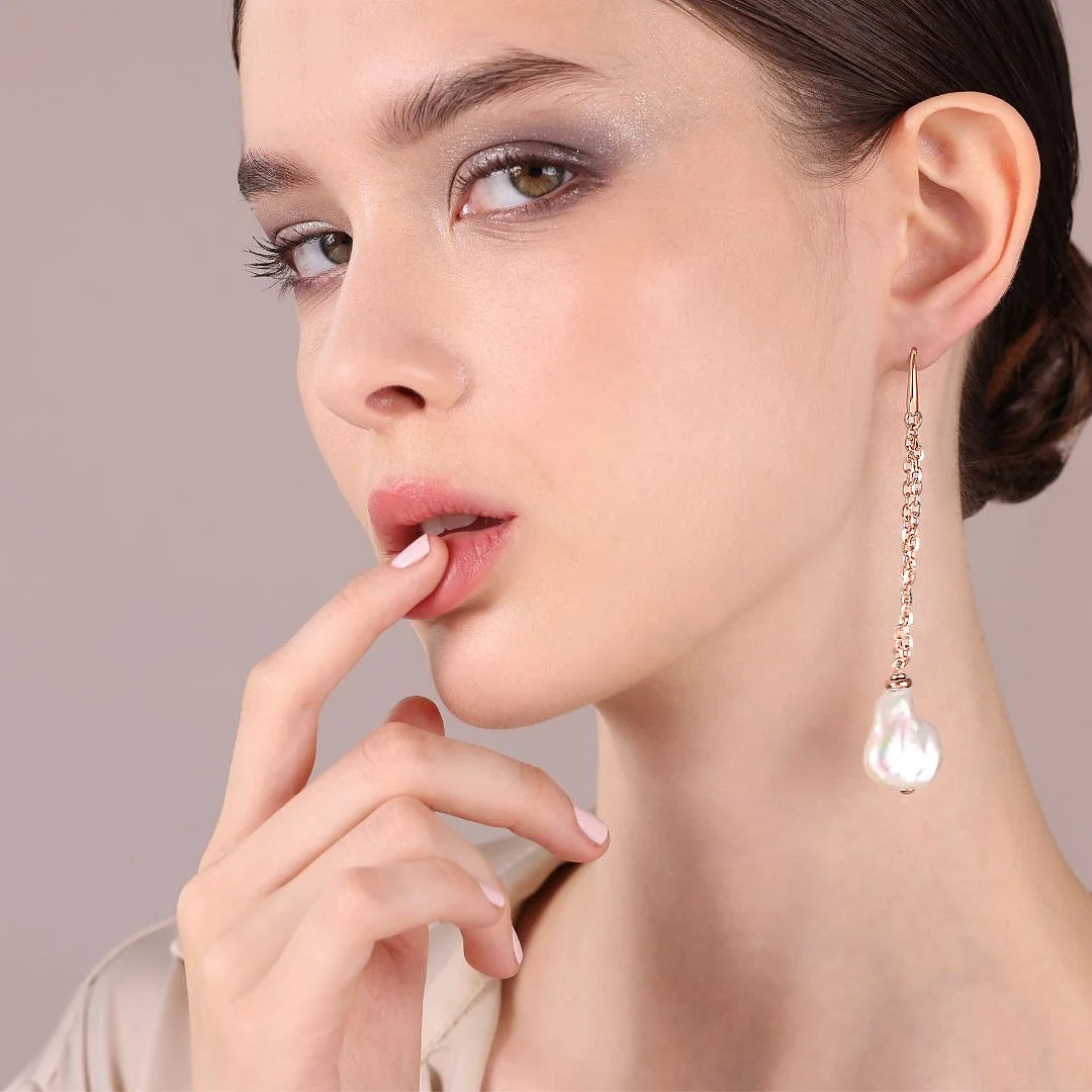 925 Sterling Silver 18Kt Gold Plated Earrings with White Freshwater Keshi Pearls 15x20
