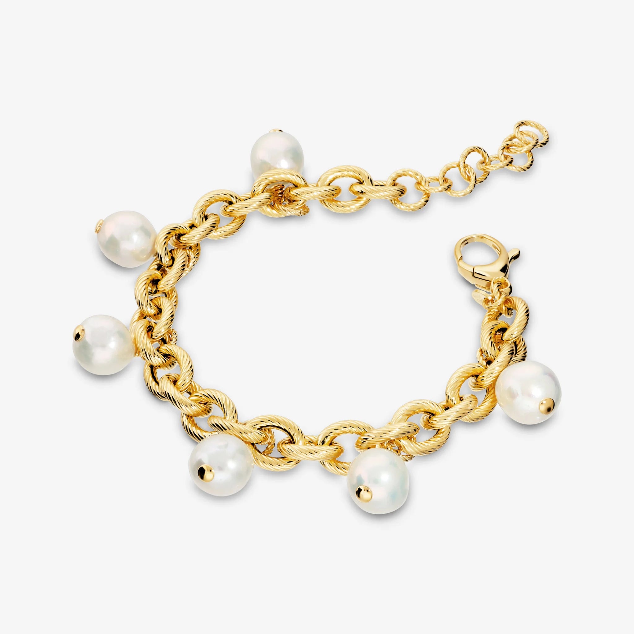 Ming White Freshwater Pearls Charms Bracelet Ø 10/11 in Sterling Silver 925 plated 18Kt Yellow Gold
