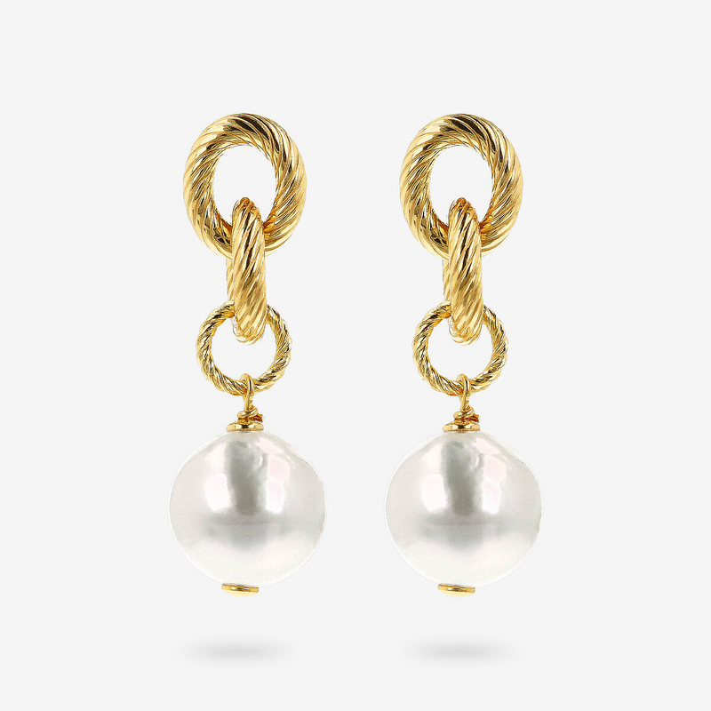 Boucles d'oreilles pendantes en argent 925 plaqué or jaune 18Kt avec perles blanches Ming d'eau douce Ø 11/13