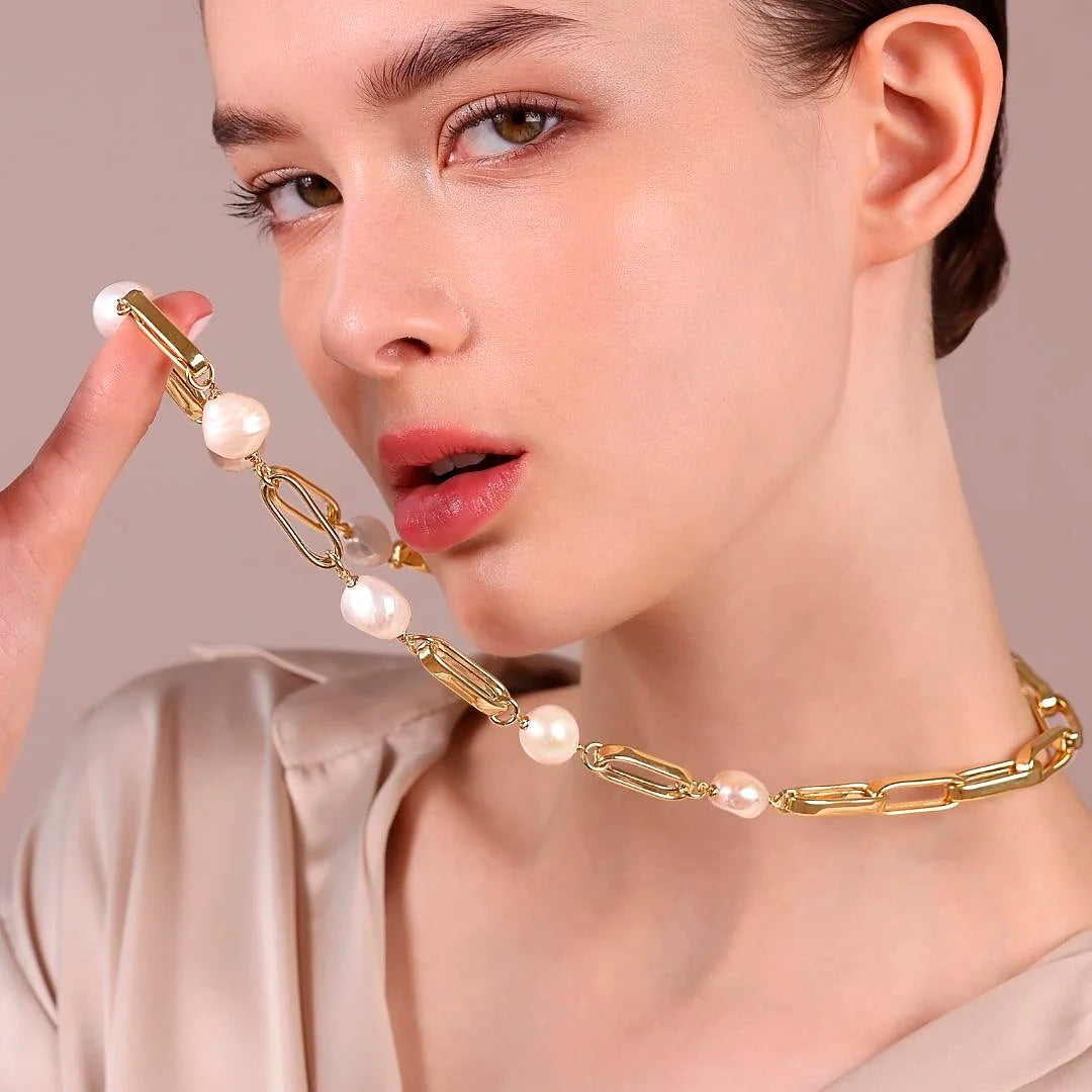 MIORE Collana Donna Argento 925 Placcato Oro 18K - Perle Bianche E Oro 8mm - Made In Italy
