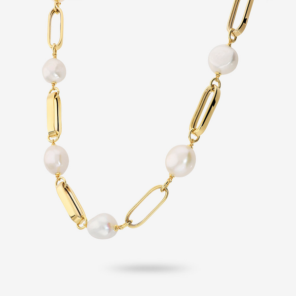 Collana Lunga in Argento 925 placcato Oro Giallo 18Kt con Perle Barocche Bianche d'Acqua Dolce Ø 12/14 mm