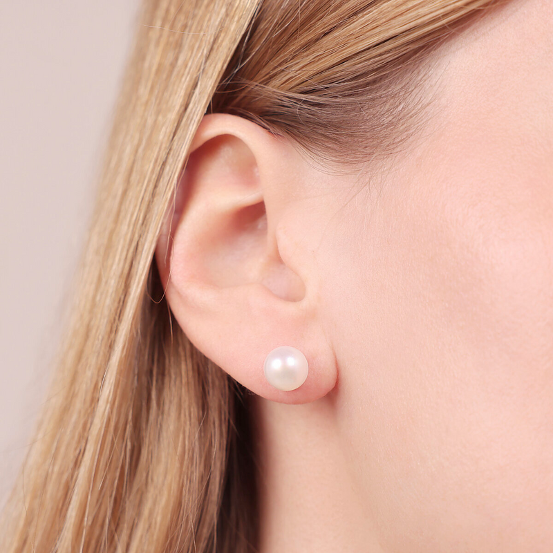 Orecchini in Argento 925 placcato Oro Giallo 18Kt con Perle d'Acqua Dolce a Bottone Bianche Ø 8/9 mm