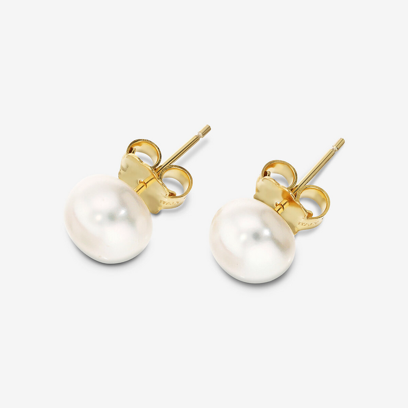 Orecchini in Argento 925 placcato Oro Giallo 18Kt con Perle d'Acqua Dolce a Bottone Bianche Ø 8/9 mm
