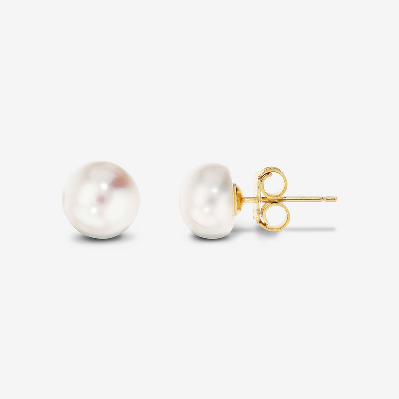 Orecchini in Argento 925 placcato Oro Giallo 18Kt con Perle d'Acqua Dolce a Bottone Bianche Ø 8/9 mm