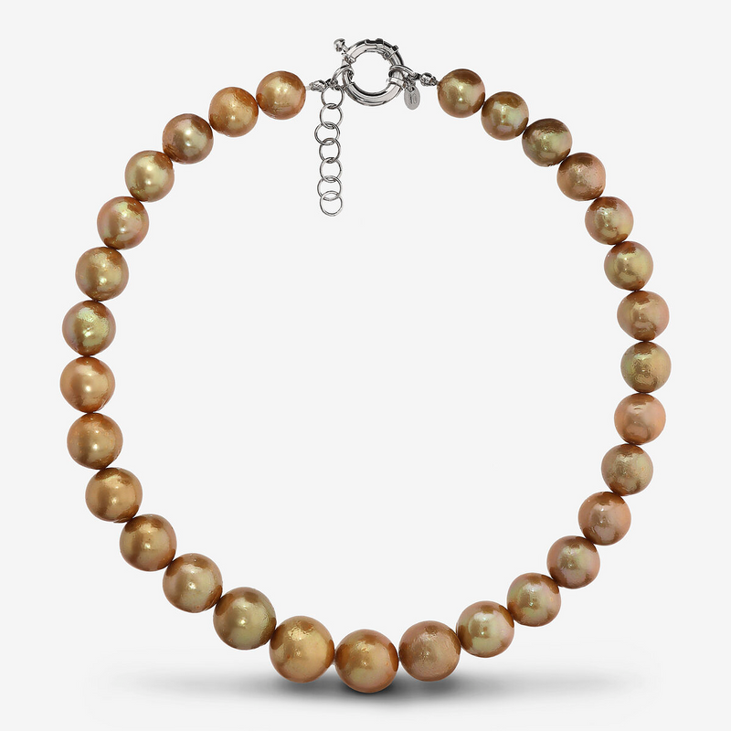Collana Girocollo Graduata in Argento 925 placcato Oro Bianco 18Kt con Perle Ming Gold d'Acqua Dolce Ø 12/15 mm