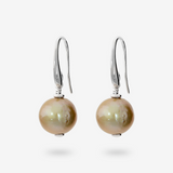 Orecchini Pendenti in Argento 925 placcato Oro Bianco 18Kt con Perle Ming Gold d'Acqua Dolce Ø 12/15 mm