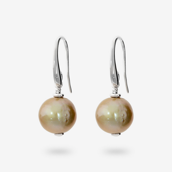 925 Silver Drop Earrings plated with 18Kt White Gold with Ming Gold Freshwater Pearls Ø 12/15 mm