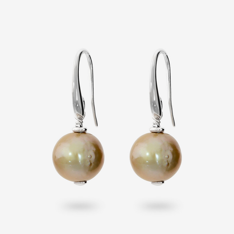 Orecchini Pendenti in Argento 925 placcato Oro Bianco 18Kt con Perle Ming Gold d'Acqua Dolce Ø 12/15 mm