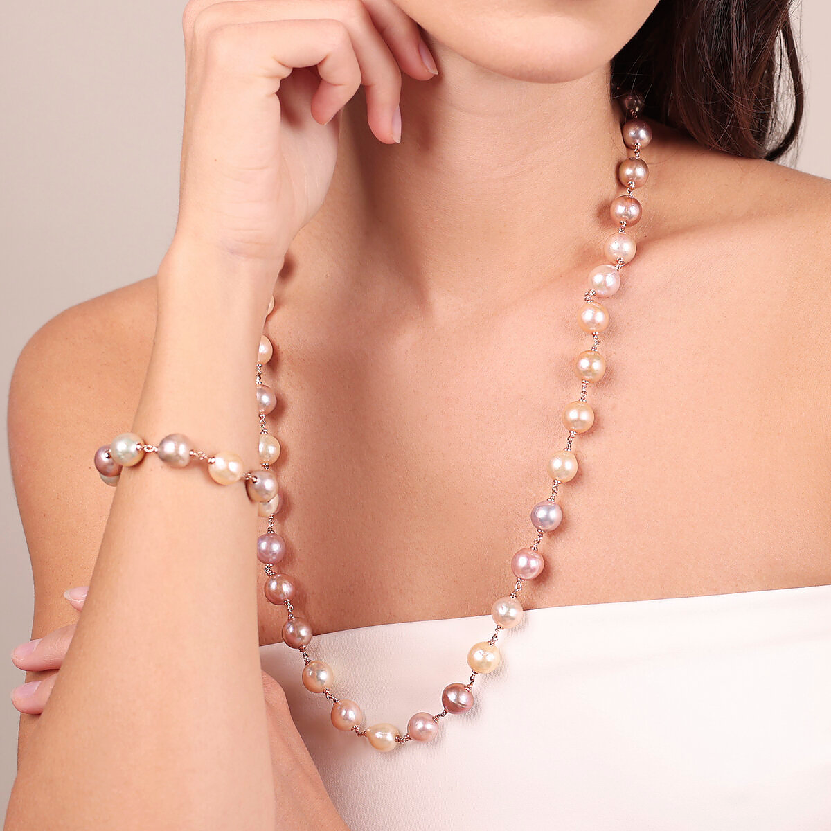 Collier Long en Argent 925 plaqué Or Rose 18Kt avec Perles Ming Multicolores d'Eau Douce Ø 11/12 mm