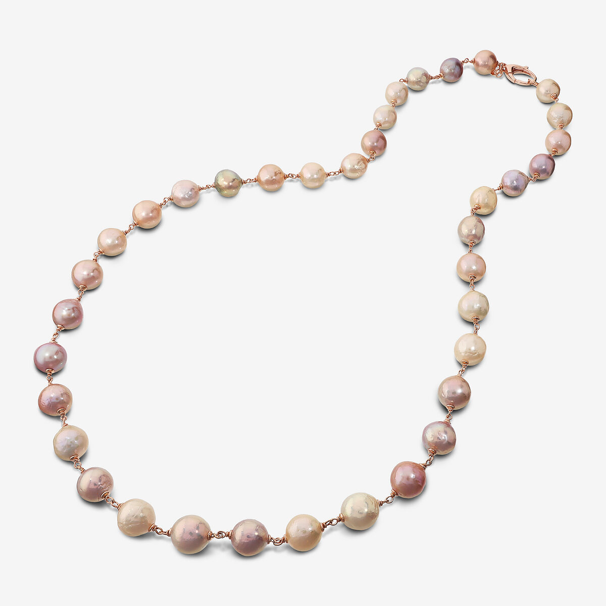 Collier Long en Argent 925 plaqué Or Rose 18Kt avec Perles Ming Multicolores d'Eau Douce Ø 11/12 mm