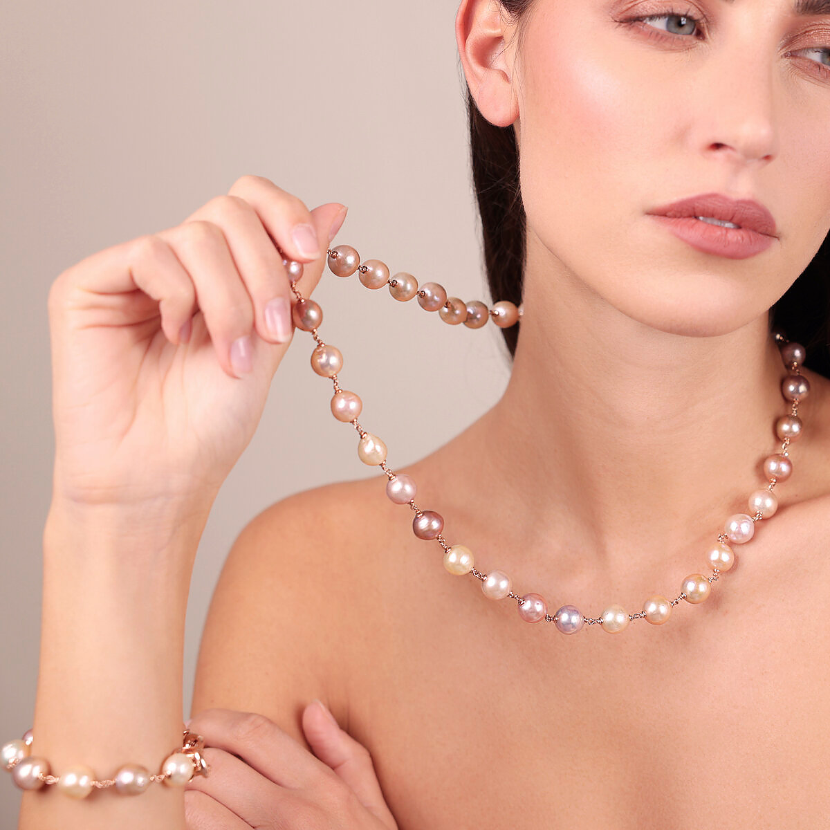 Collier Long en Argent 925 plaqué Or Rose 18Kt avec Perles Ming Multicolores d'Eau Douce Ø 11/12 mm