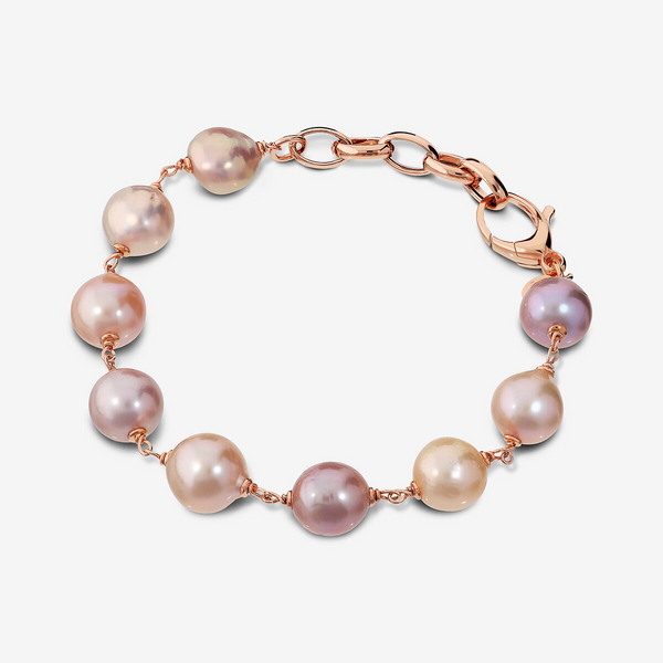 925 Silver Bracelet plated with 18Kt Rose Gold with Multicolor Ming Freshwater Pearls Ø 11/12 mm