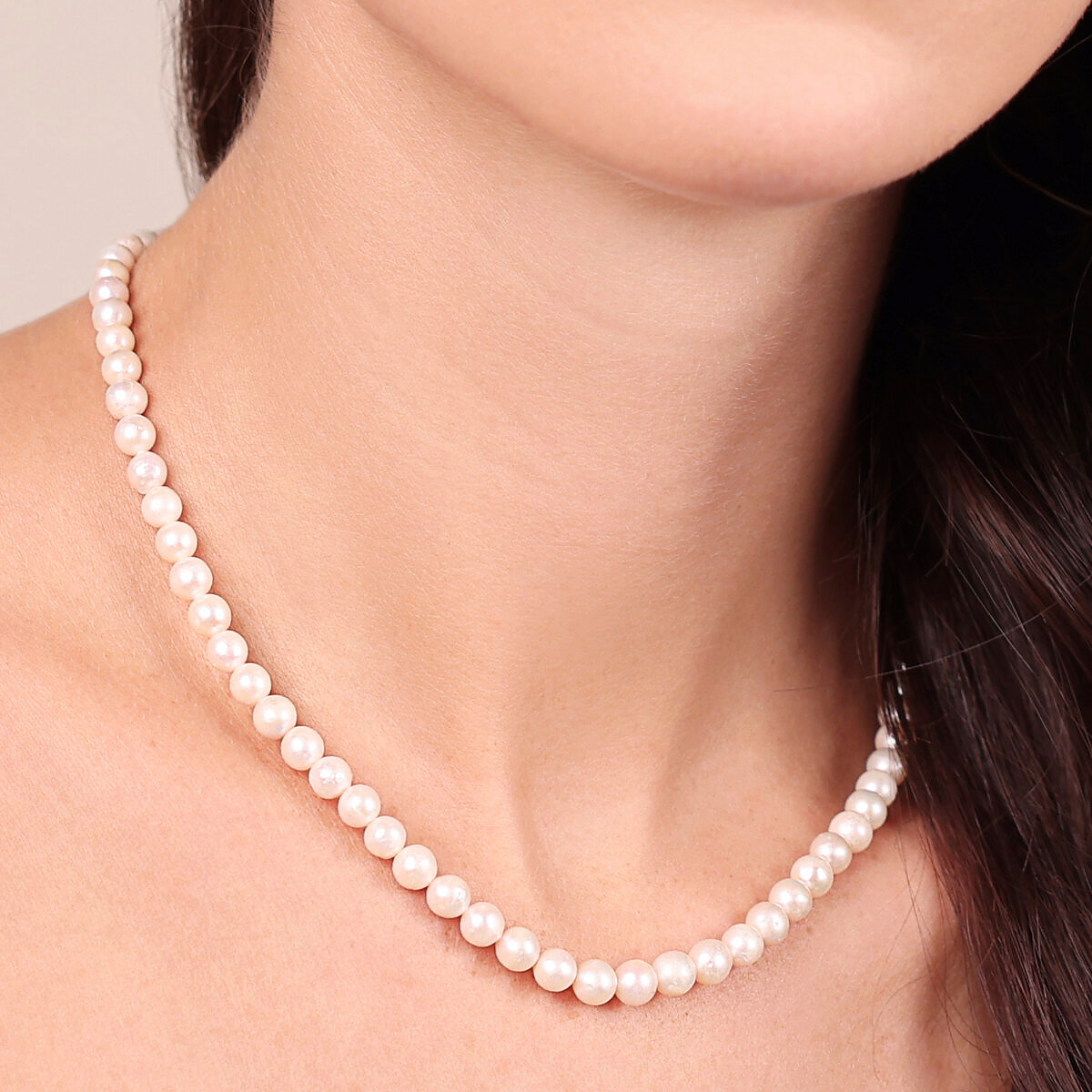 Collana Girocollo in Argento 925 placcato Oro Giallo 18Kt con Mini Perle Ming Bianche d'Acqua Dolce Ø 6/6.5 mm