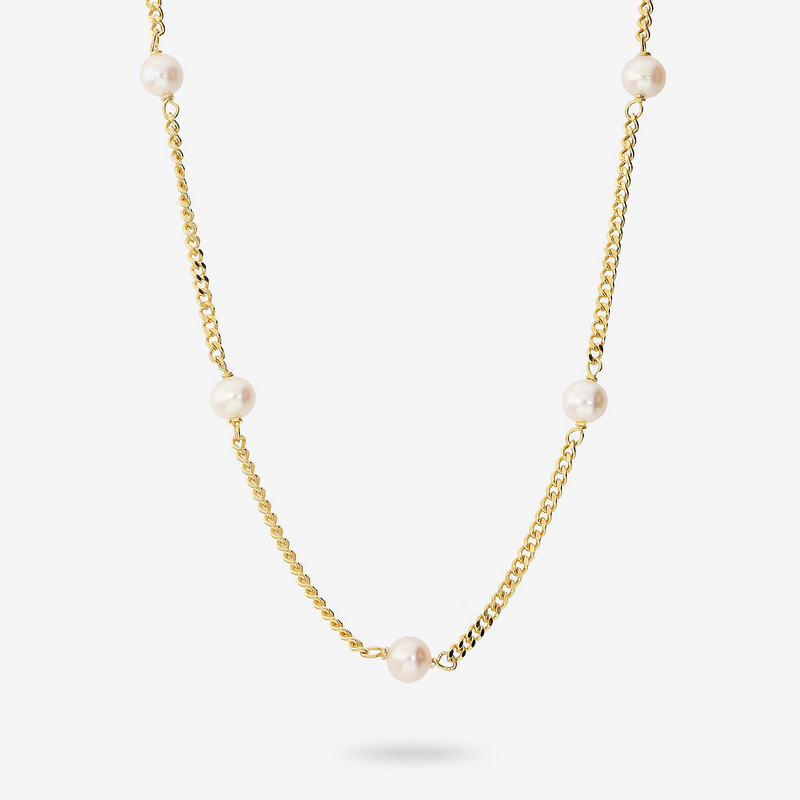 Collana Maglia Grumetta in Argento 925 placcato Oro Giallo 18Kt con Perle Bianche d'Acqua Dolce Ø 5/5.5 mm