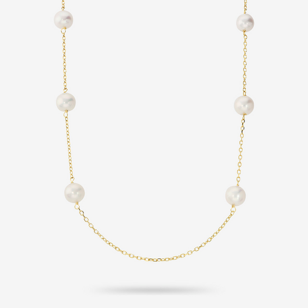 Long Necklace in 925 Silver plated with 18Kt Yellow Gold with White Freshwater Pearls Ø 8.5/9.5 mm