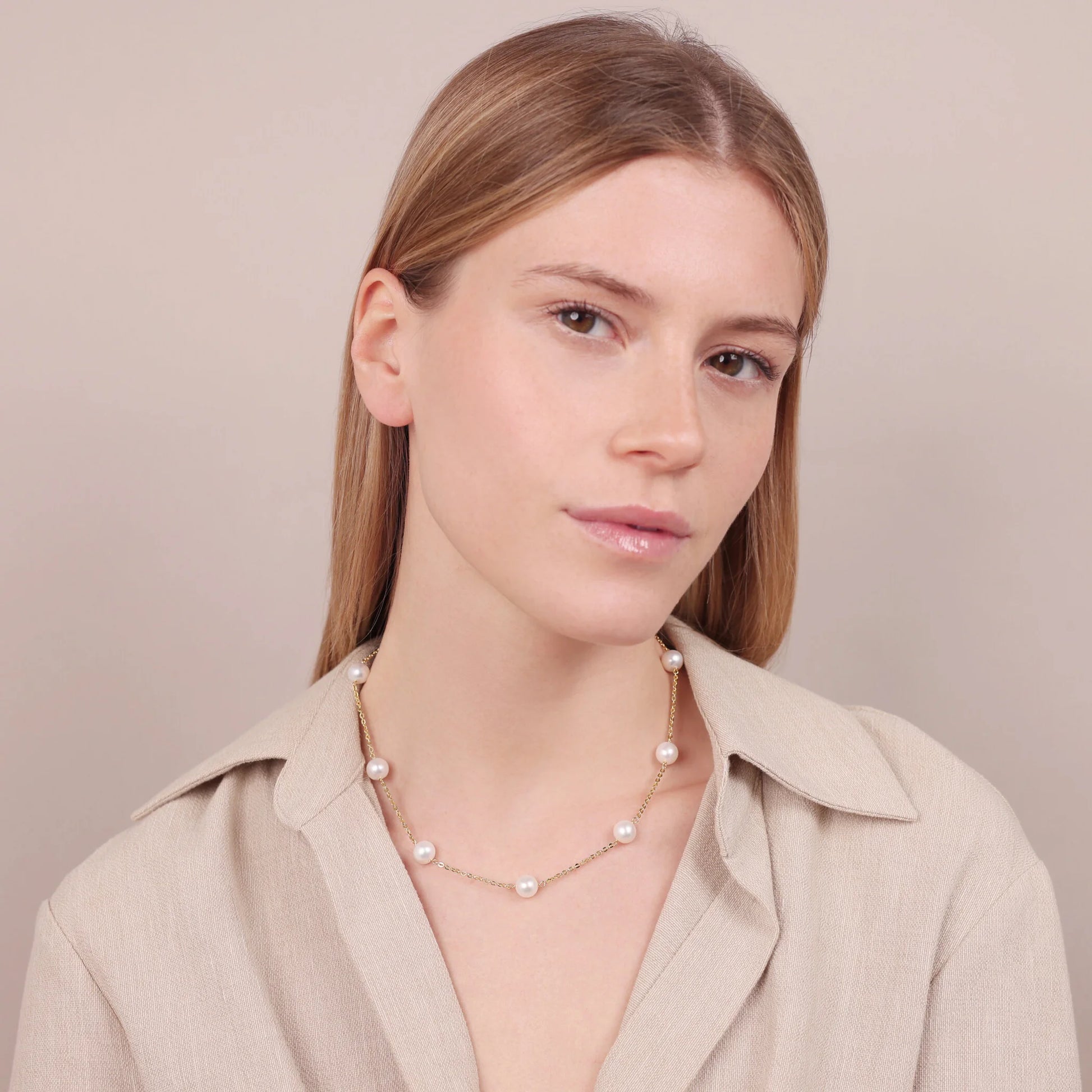 Collana Girocollo in Argento 925 placcato Oro Giallo 18Kt con Perle Ming Bianche d'Acqua Dolce Ø 8/9 mm