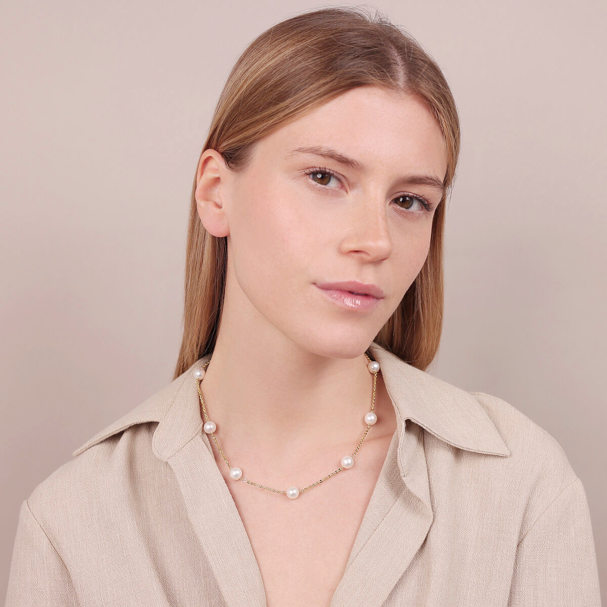 925 Silver Yellow Gold Plated 18Kt Choker Necklace with White Ming Freshwater Pearls Ø 8/9 mm