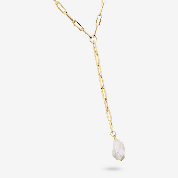 Tie Necklace in 925 Silver plated with 18Kt Yellow Gold with White Freshwater Scaramazza Pearl