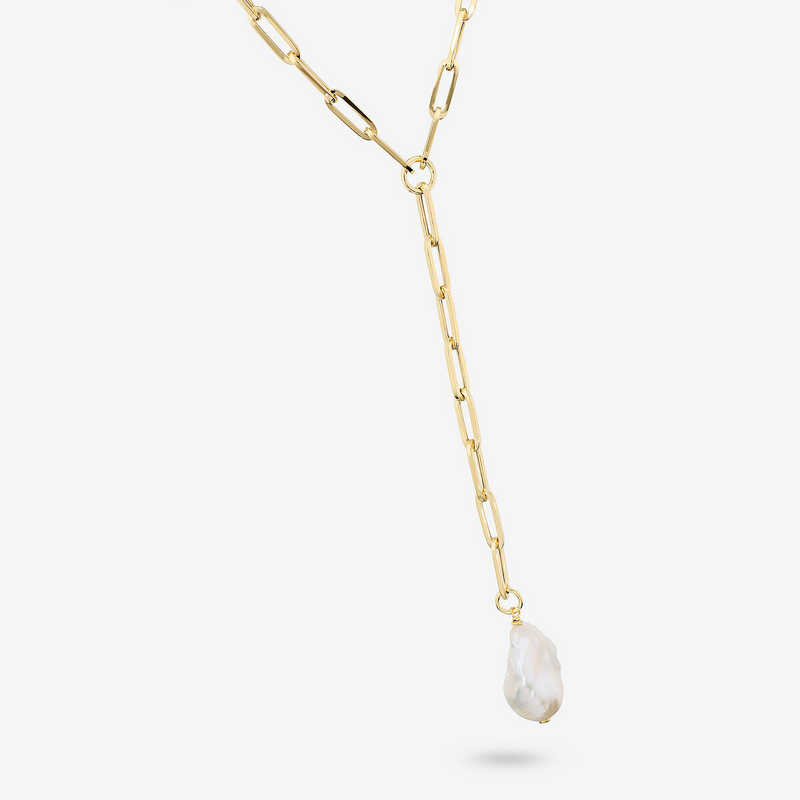 Collana a Cravatta in Argento 925 placcato Oro Giallo 18Kt con Perla Scaramazza Bianca d'Acqua Dolce