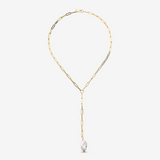 Collana a Cravatta in Argento 925 placcato Oro Giallo 18Kt con Perla Scaramazza Bianca d'Acqua Dolce