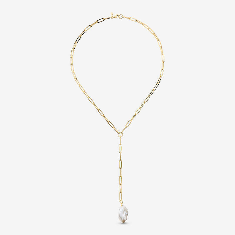 Collana a Cravatta in Argento 925 placcato Oro Giallo 18Kt con Perla Scaramazza Bianca d'Acqua Dolce