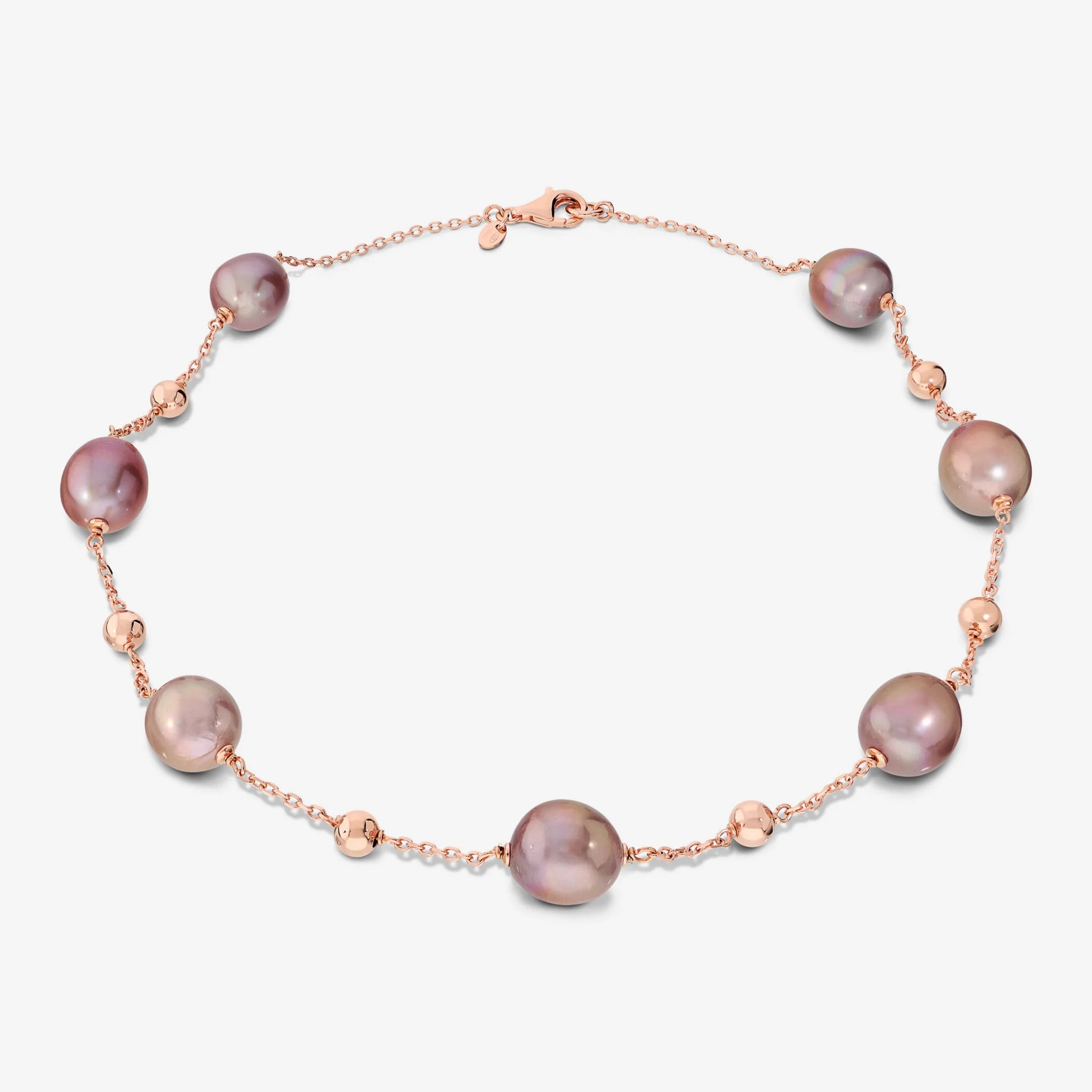 18Kt Rose Gold-plated 925 Sterling Silver Rosary Necklace with Shiny Bead and Multicoloured Freshwater Ming Pearls Ø 12/13 mm