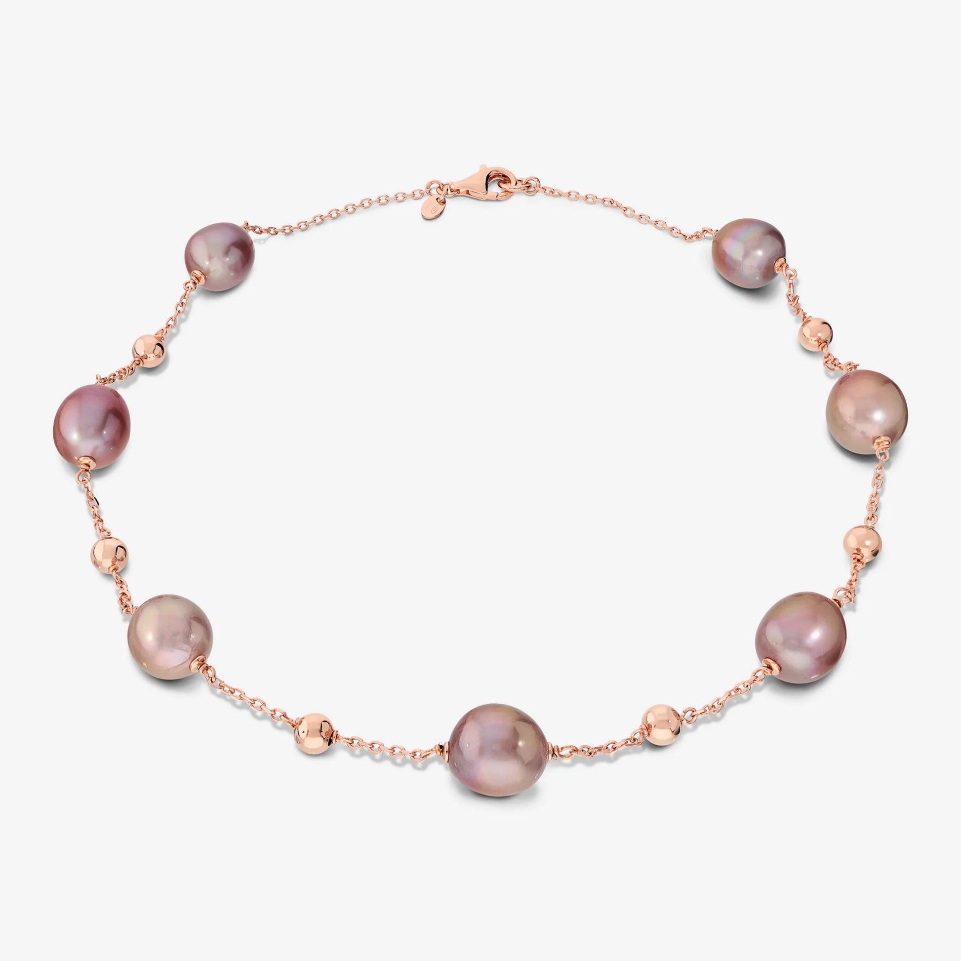 18Kt Rose Gold-plated 925 Sterling Silver Rosary Necklace with Shiny Bead and Multicoloured Freshwater Ming Pearls Ø 12/13 mm