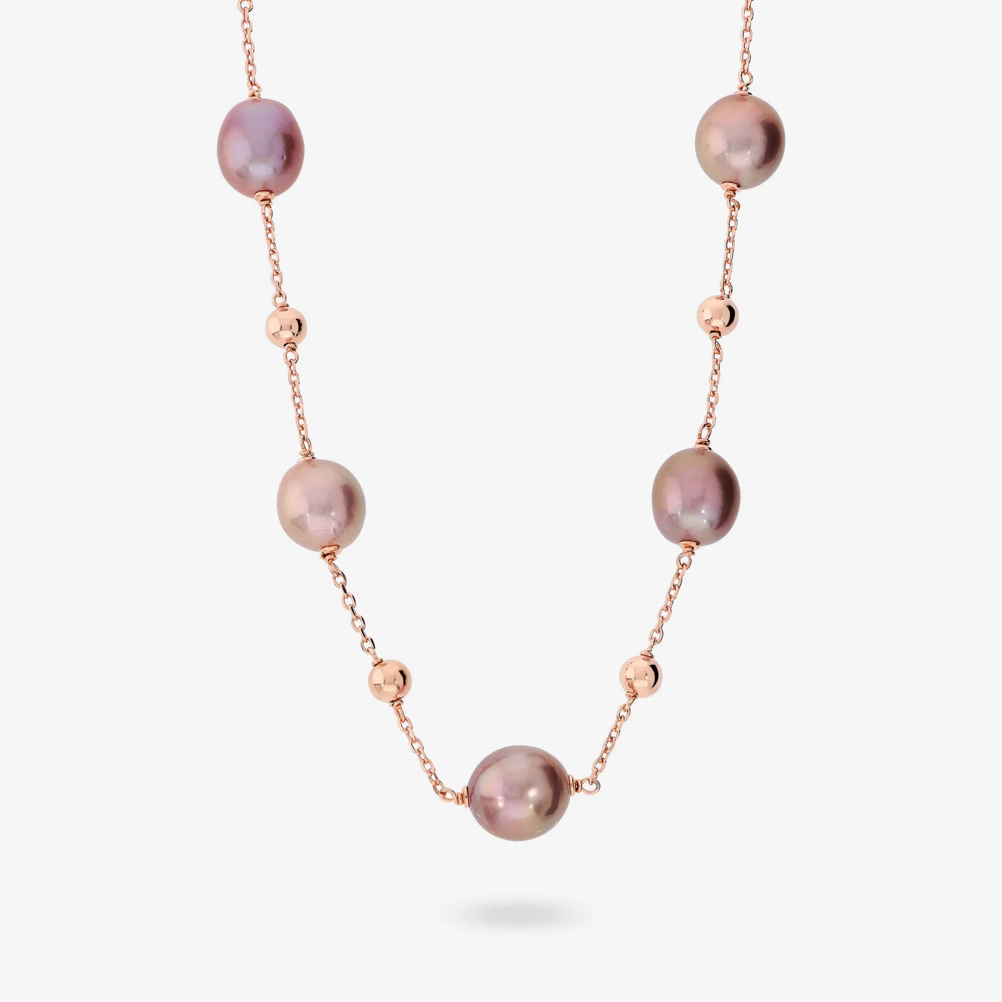 18Kt Rose Gold-plated 925 Sterling Silver Rosary Necklace with Shiny Bead and Multicoloured Freshwater Ming Pearls Ø 12/13 mm