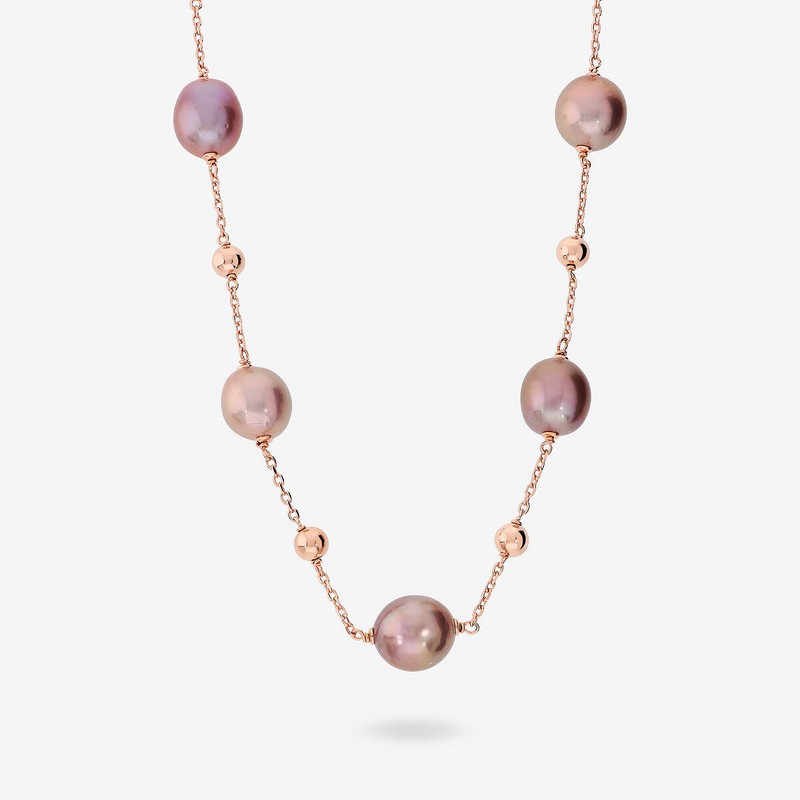 Collana Rosario in Argento 925 placcato Oro Rosa 18Kt con Bead Lucide e Perle Ming Multicolor d'Acqua Dolce Ø 12/13 mm