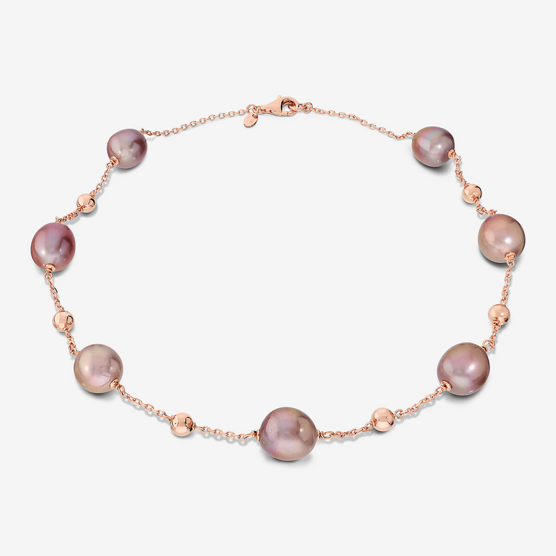 Collana Rosario in Argento 925 placcato Oro Rosa 18Kt con Bead Lucide e Perle Ming Multicolor d'Acqua Dolce Ø 12/13 mm