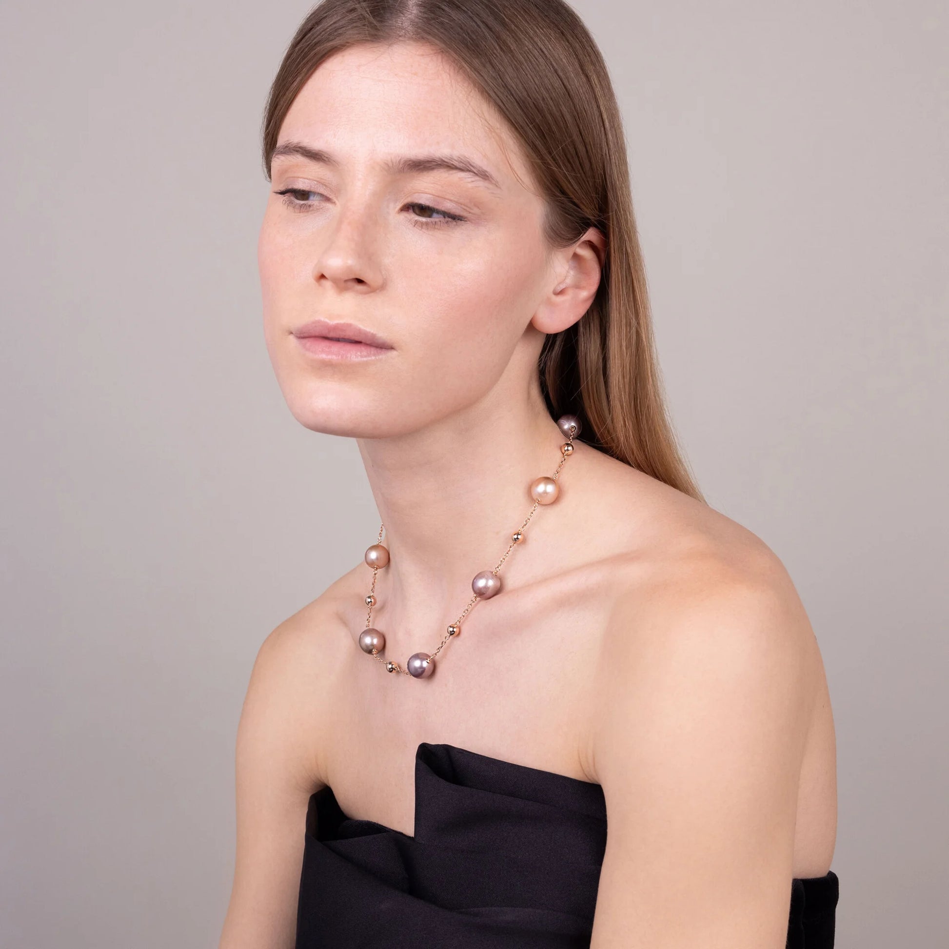 18Kt Rose Gold-plated 925 Sterling Silver Rosary Necklace with Shiny Bead and Multicoloured Freshwater Ming Pearls Ø 12/13 mm