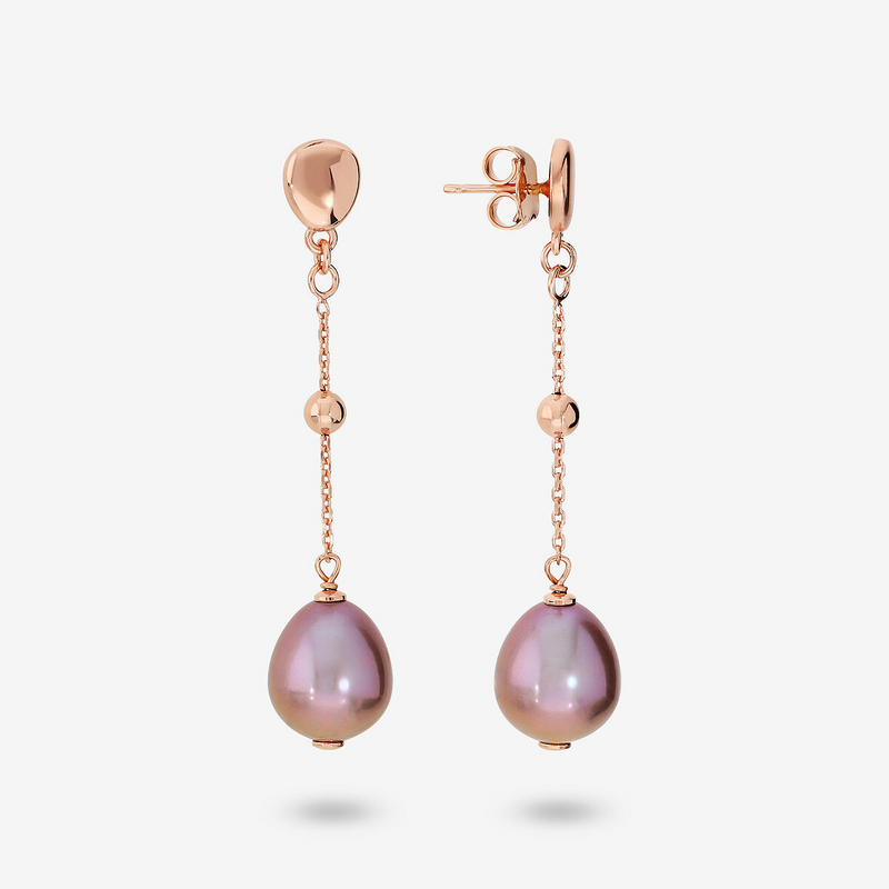 Orecchini Pendenti in Argento 925 placcato Oro Rosa 18Kt con Bead Lucide e Perle Ming Multicolor d'Acqua Dolce Ø 12/13 mm