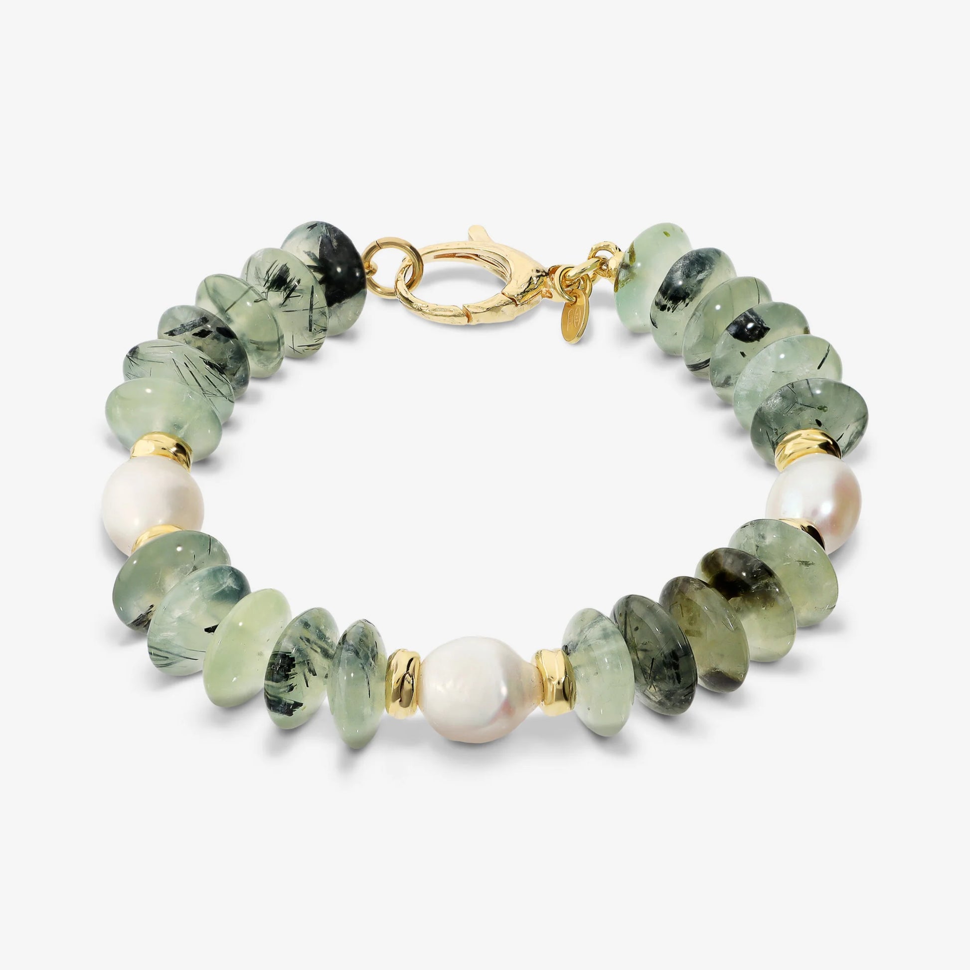 Bracciale in Argento 925 placcato Oro Giallo 18Kt con Prehnite e Perle Bianche d'Acqua Dolce 12x9 mm
