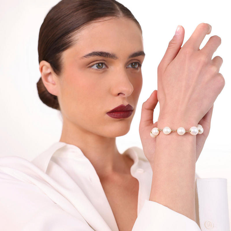 Bracciale Rosario in Argento 925 placcato Oro Giallo 18Kt con Perle Bianche d'Acqua Dolce Ø 10/11 mm