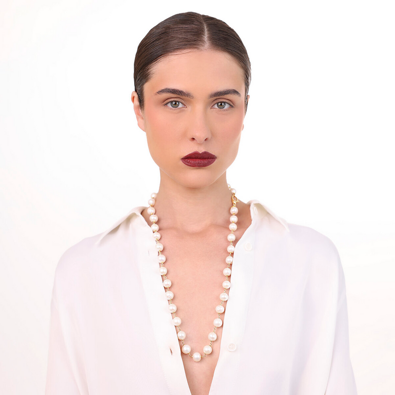 Collana Rosario Lunga in Argento 925 placcato Oro Giallo 18Kt con Perle Bianche d'Acqua Dolce Ø 10/11 mm