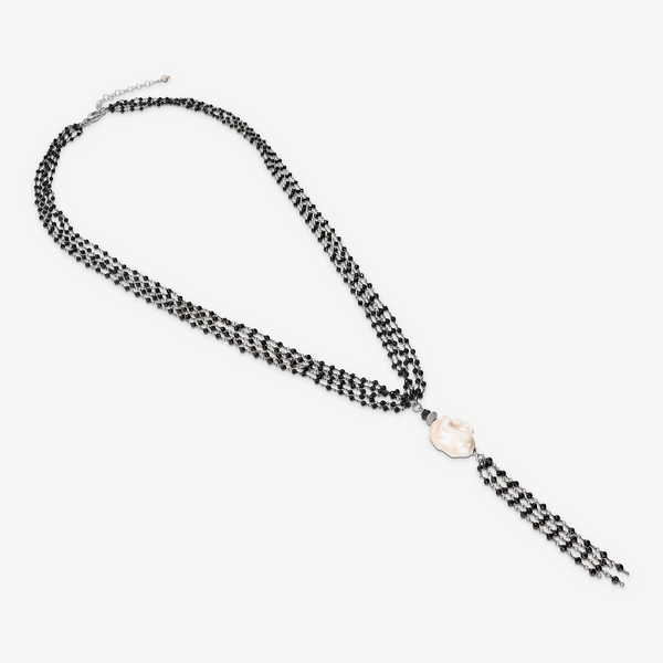Multifilo Tie Necklace in 925 Silver Rhodium Plated with Black Spinels and White Freshwater Scaramazze Pearls 26x16 mm