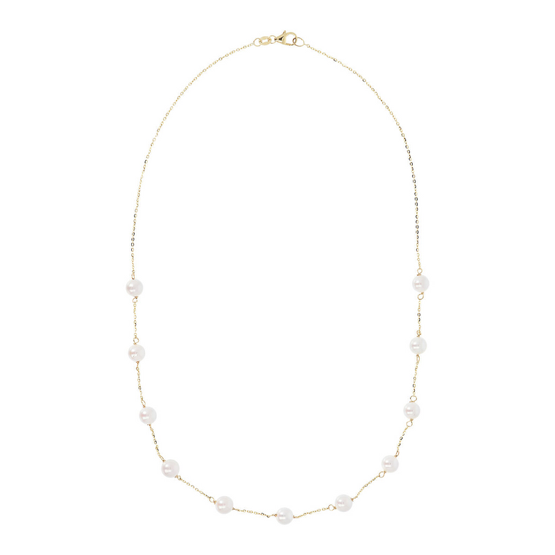 Halskette aus 750er Gold mit Diamantschliff-Elementen und weißen Akoya-Perlen Ø 6/7 mm